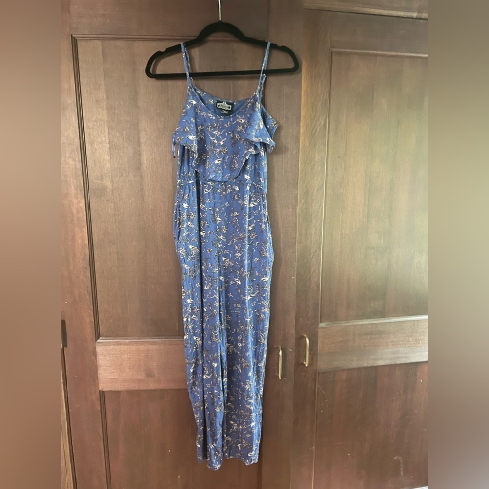 Angie jumpsuit cutout back ruffle front long pants pockets blue with birds small